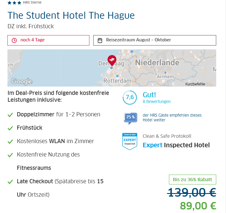 荷兰海牙3星级经济酒店双人间2人89欧含早餐