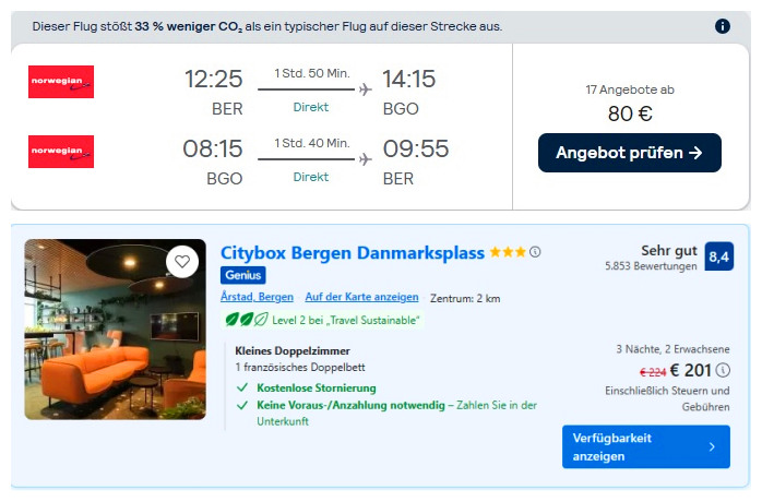 挪威卑尔根4天游193欧，包往返机票高分3星级酒店住宿