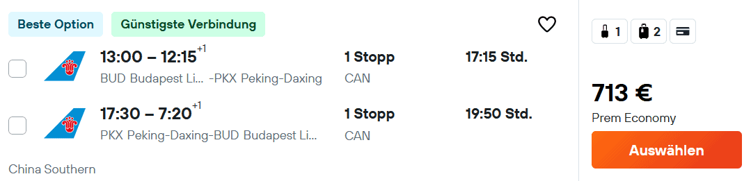 南航秋季优惠，布达佩斯往返北京经济舱优选低至713欧两件托运行李