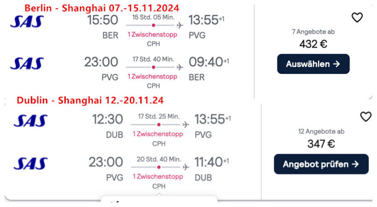 德国柏林往返上海往返机票低至432欧