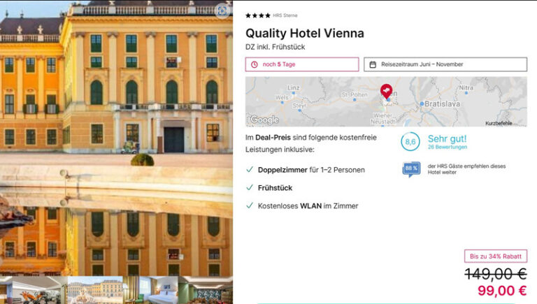 奥地利维也纳高分4星级酒店双人间99欧每晚含早餐