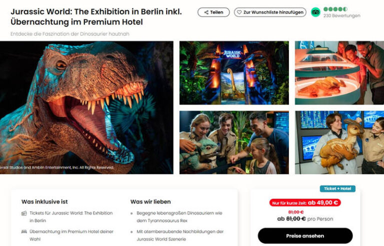 德国柏林侏罗纪世界恐龙展49欧，包展览天票精品酒店住宿